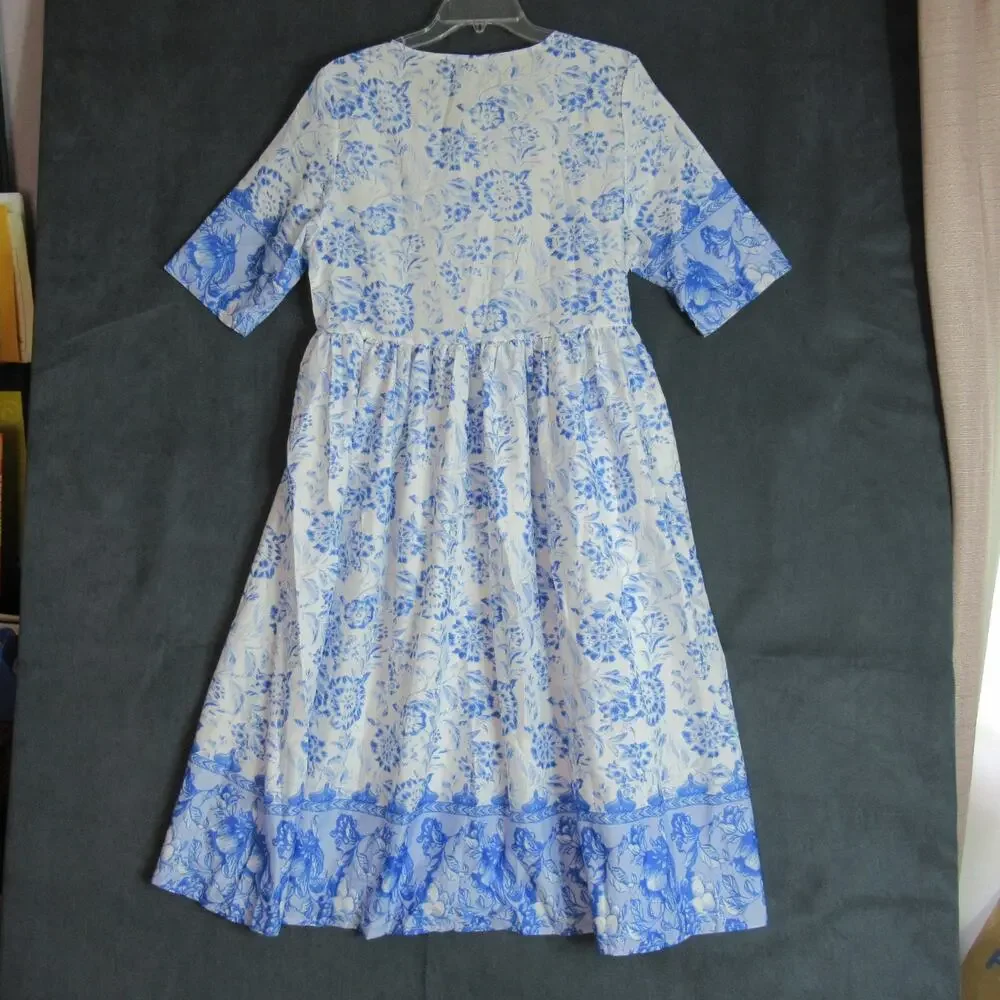 Maldila Dress Womens Size M White Blue Floral Maxi Boho Beach Resort Coastal NWT